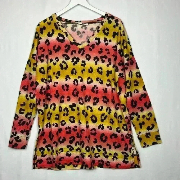 Zenana Womens Top Yellow Orange Stripe Animal Print Vneck Pullover Colorful New - Picture 1 of 13
